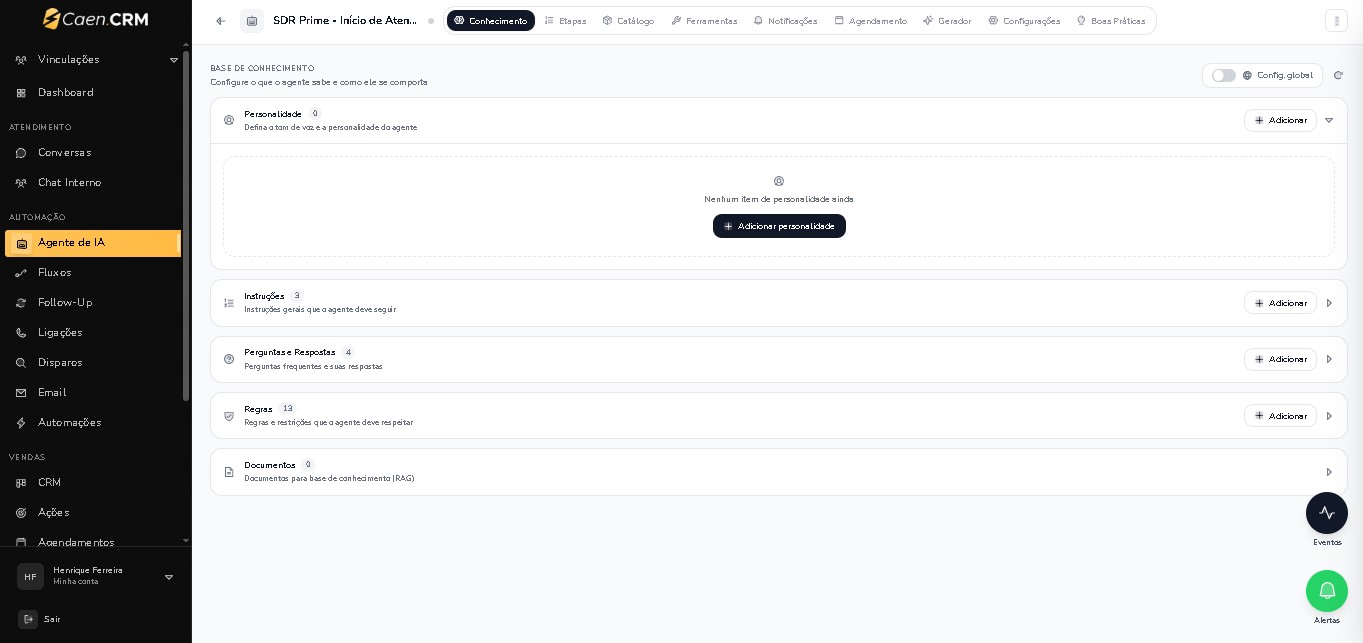 CaenCRM: configuração do agente de IA, instruções, regras e base de conhecimento