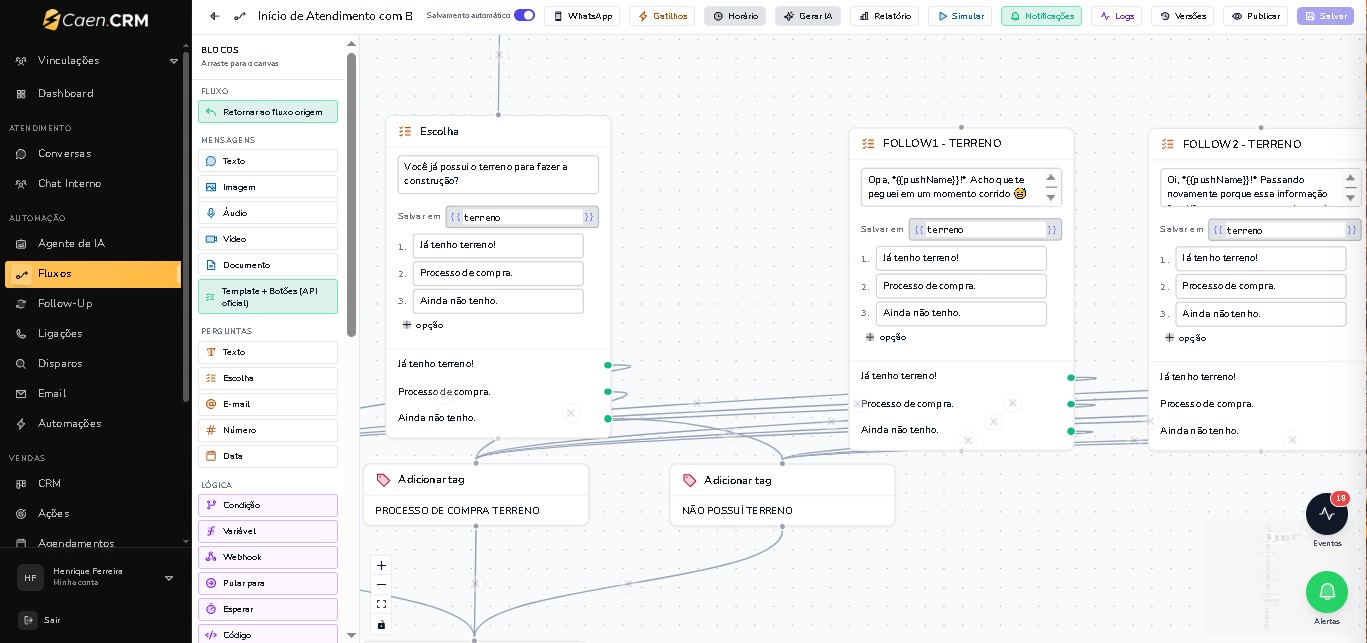 CaenCRM: editor visual de fluxos e automações de atendimento