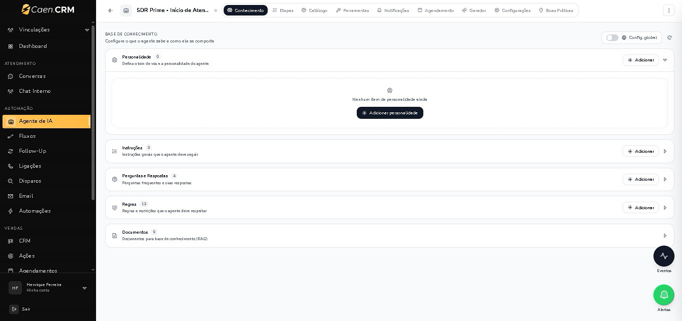 CaenCRM: configuração do agente de IA, instruções, regras e base de conhecimento