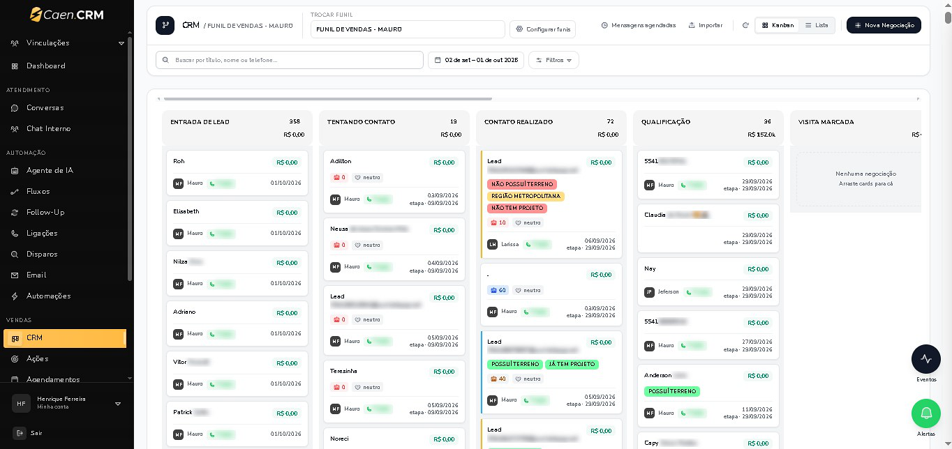 CaenCRM: pipeline visual de vendas, com etapas de atendimento e qualificação de leads