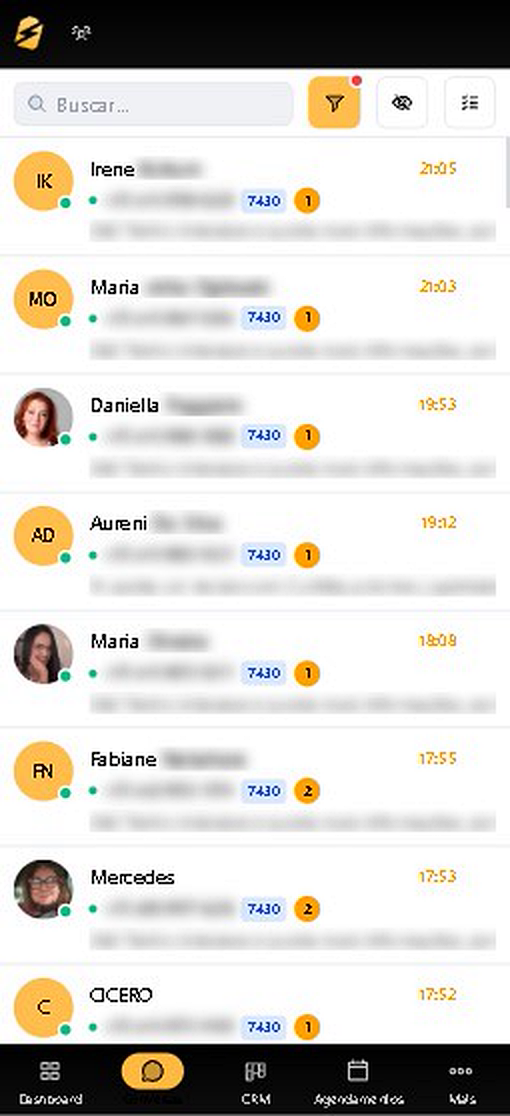 Central de conversas do CaenCRM no celular