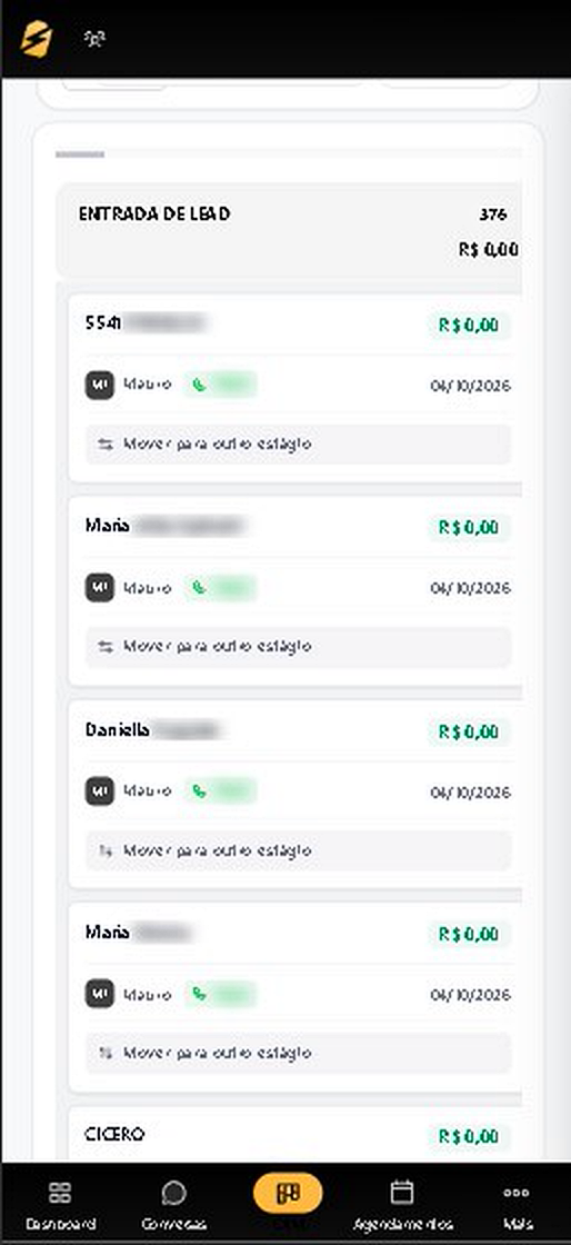 Pipeline de vendas do CaenCRM no celular