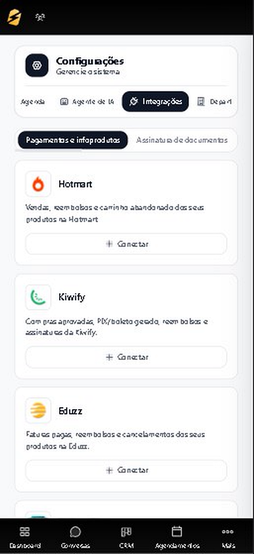 Tela mobile de integrações do CaenCRM, com Hotmart, Kiwify, Eduzz e outras plataformas